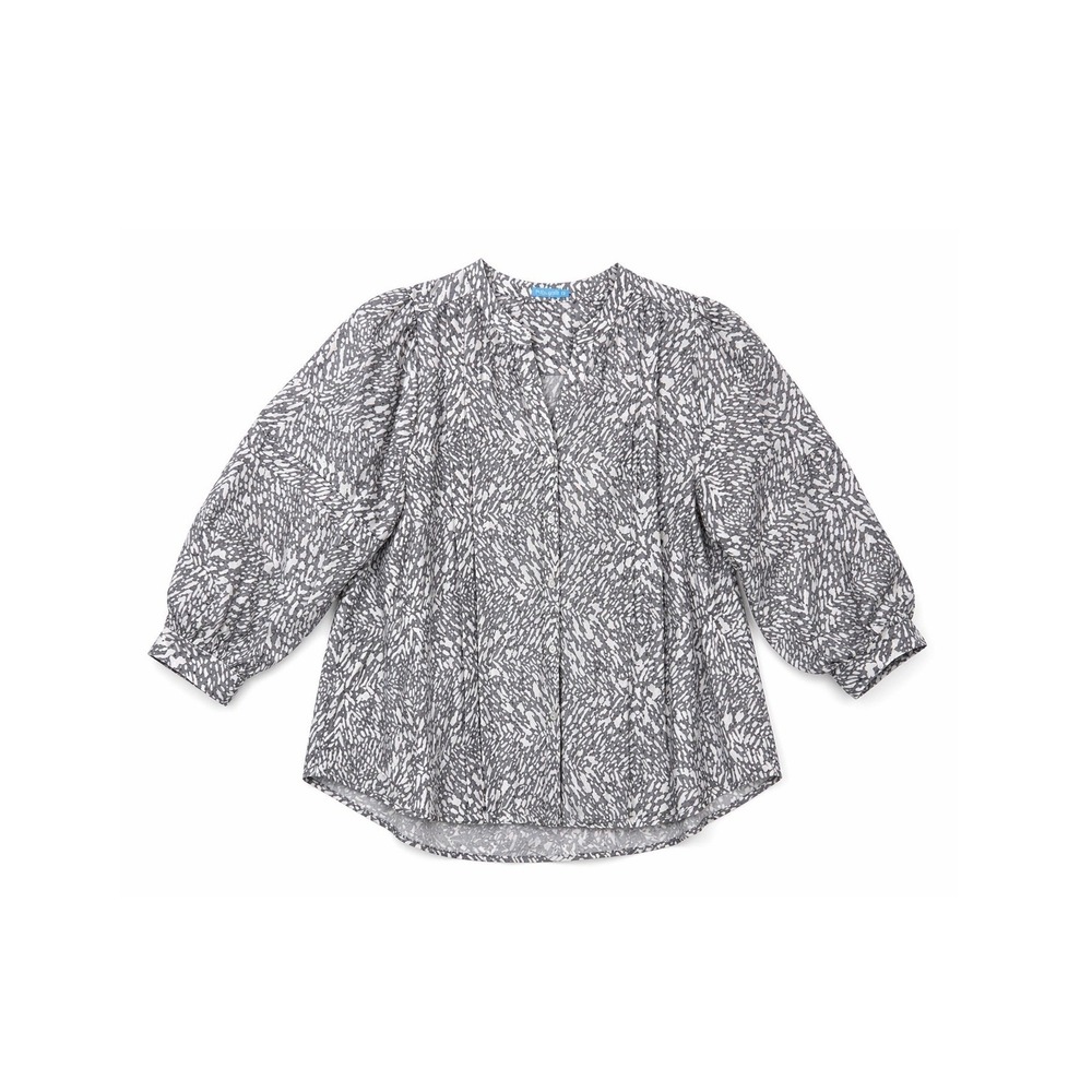 J McLaughlin Silk Blend Blouse Gray White Animal Print Pleated 3/4 Puff Sleeve S